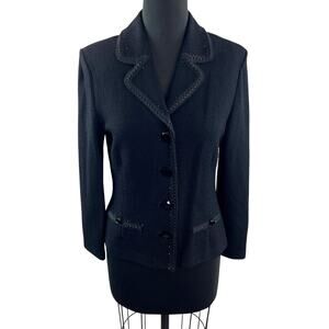 Vintage ST.JOHN Black Blazer Ribbon Knit Long Sleeve Notch Lapel Single Breasted